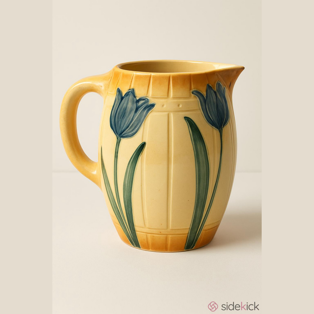Roseville Tulip Pitcher Antique Pottery Yellow Blue Green 7.5" H x 8.5" W